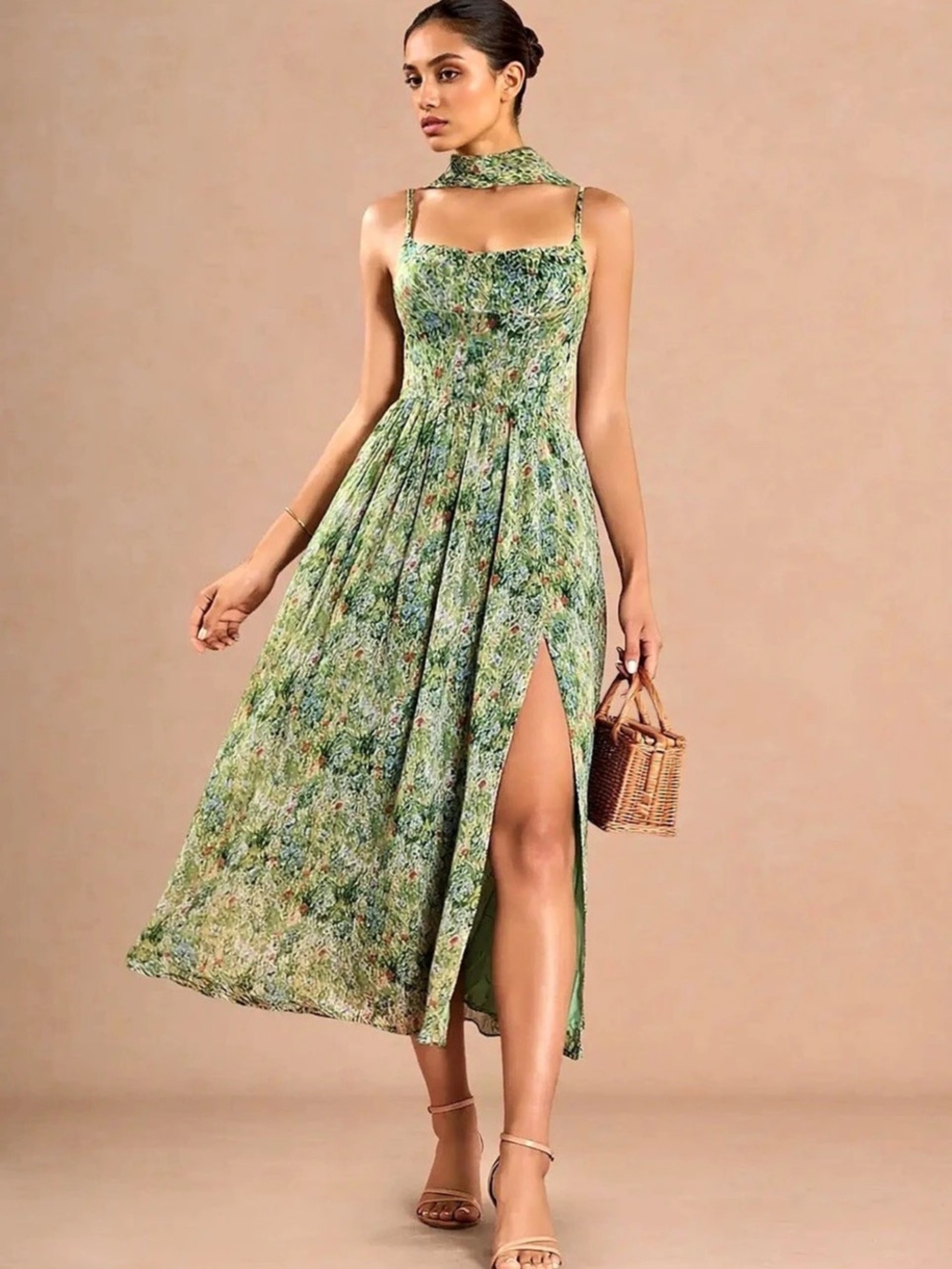 Azazie Floral Maxi Dress in Green Size Medium NWT